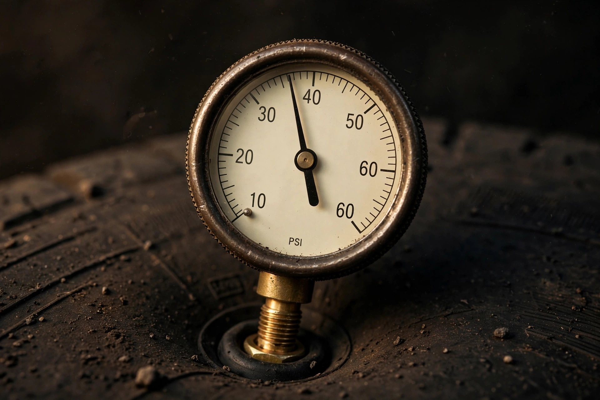 An analog tire pressure gauge reading on a valve stem over tire rubber